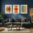 Dinamik Retro Desenler Doğal Ahşap Çerçeveli 3lü Tablo Seti