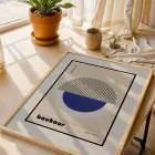 Bauhaus Geometrik Lacivert Üçlü Doğal Ahşap Çerçeveli 3lü Tablo Seti