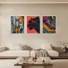Kübist Panter Akışkan Sanat Beyaz Çerçeveli 3lü Ahşap Tablo Seti