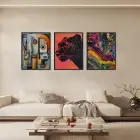 Kübist Panter Akışkan Sanat Siyah Çerçeveli 3lü Ahşap Tablo Seti