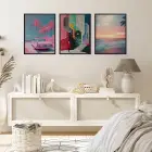Retro Pastel Ufuklar Siyah Çerçeveli 3lü Ahşap Tablo Seti