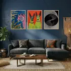 Tropik Pop Art ve Soyut Ahenk Doğal Ahşap Çerçeveli 3lü Tablo Seti