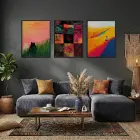 Canlı Renklerle Sanat Üçlemesi Siyah Çerçeveli 3lü Ahşap Tablo Seti