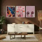 Şehir, Çiçek, Pati Sanat Üçlüsü Beyaz Çerçeveli 3lü Ahşap Tablo Seti
