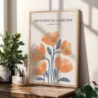 Pastel Botanik Çiçek Üçlüsü Doğal Ahşap Çerçeveli 3lü Tablo Seti