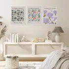 Botanik Bahçe Pastel Çiçekler Beyaz Çerçeveli 3lü Ahşap Tablo Seti