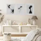 Monokrom Soyut Çiçek Siluet Beyaz Çerçeveli 3lü Ahşap Tablo Seti