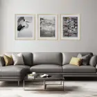 Kuş Motifi Soyut Kompozisyon Doğal Ahşap Çerçeveli 3lü Tablo Seti