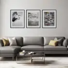 Kuş Motifi Soyut Kompozisyon Siyah Çerçeveli 3lü Ahşap Tablo Seti