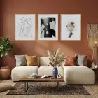 Modern Soyut Çizgiler ve Kuş Doğal Ahşap Çerçeveli 3lü Tablo Seti