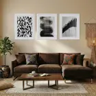Monokrom Akışkan Soyut Sanat Beyaz Çerçeveli 3lü Ahşap Tablo Seti