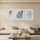 Soyut Monokrom Çizgisel Sanat Beyaz Çerçeveli 3lü Ahşap Tablo Seti