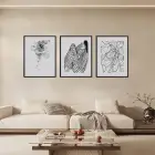 Soyut Monokrom Çizgisel Sanat Siyah Çerçeveli 3lü Ahşap Tablo Seti