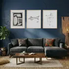 Siyah Beyaz Minimalist Çizgiler Doğal Ahşap Çerçeveli 3lü Tablo Seti