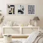 Grafik Soyut Çizgi Sanat Doğal Ahşap Çerçeveli 3lü Tablo Seti