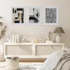Grafik Soyut Çizgi Sanat Beyaz Çerçeveli 3lü Ahşap Tablo Seti