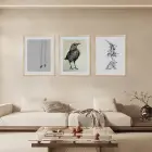 Gri Tonlarda Kuş ve Salıncak Doğal Ahşap Çerçeveli 3lü Tablo Seti