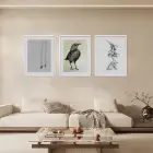 Gri Tonlarda Kuş ve Salıncak Beyaz Çerçeveli 3lü Ahşap Tablo Seti