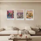 Renkli Seyahat İllüstrasyonları Doğal Ahşap Çerçeveli 3lü Tablo Seti
