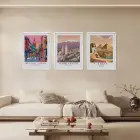 Renkli Seyahat İllüstrasyonları Beyaz Çerçeveli 3lü Ahşap Tablo Seti