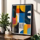 Renkli Geometrik Soyut Portre Siyah Çerçeveli 3lü Ahşap Tablo Seti