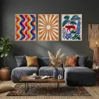 Canlı Boho Dalgalar Leopar Doğal Ahşap Çerçeveli 3lü Tablo Seti