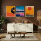 Retro Ritimler ve Soyut Gün Batımı Doğal Ahşap Çerçeveli 3lü Tablo Seti