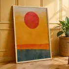 Retro Ritimler ve Soyut Gün Batımı Doğal Ahşap Çerçeveli 3lü Tablo Seti