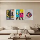 Neşeli Pop Art Üçlüsü Beyaz Çerçeveli 3lü Ahşap Tablo Seti