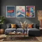 Retro Dağlar Pencere Manzarası Beyaz Çerçeveli 3lü Ahşap Tablo Seti