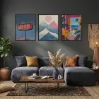 Retro Dağlar Pencere Manzarası Siyah Çerçeveli 3lü Ahşap Tablo Seti