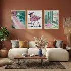 Neşeli Flamingo Çöl Manzaraları Doğal Ahşap Çerçeveli 3lü Tablo Seti