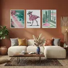 Neşeli Flamingo Çöl Manzaraları Beyaz Çerçeveli 3lü Ahşap Tablo Seti