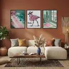 Neşeli Flamingo Çöl Manzaraları Siyah Çerçeveli 3lü Ahşap Tablo Seti