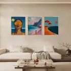 Canlı Sahil Kompozisyonu Doğal Ahşap Çerçeveli 3lü Tablo Seti
