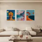 Canlı Sahil Kompozisyonu Beyaz Çerçeveli 3lü Ahşap Tablo Seti