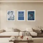 Mavi Desen Deniz Peyzajı Doğal Ahşap Çerçeveli 3lü Tablo Seti