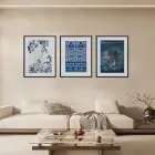 Mavi Desen Deniz Peyzajı Siyah Çerçeveli 3lü Ahşap Tablo Seti