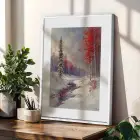 Kızıl Kış ve Soyut İfade Beyaz Çerçeveli 3lü Ahşap Tablo Seti