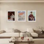Klasik Portreler ve Bahçe Manzarası Doğal Ahşap Çerçeveli 3lü Tablo Seti