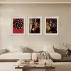 Kırmızı Soyut ve Klasik Portreler Üçlüsü Doğal Ahşap Çerçeveli 3lü Tablo Seti
