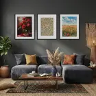 Sanatsal Çiçek Bahçesi Üçlüsü Siyah Çerçeveli 3lü Ahşap Tablo Seti
