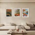 Meyve Çiçekleri Natürmort Üçlüsü Doğal Ahşap Çerçeveli 3lü Tablo Seti