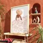 Kum Rengi Şapkalı Figür Doğal Ahşap Çerçeveli Tablo Obje Ev Aksesuarları Modern Sanat