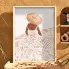 Kum Rengi Şapkalı Figür Doğal Ahşap Çerçeveli Tablo Obje Ev Aksesuarları Modern Sanat