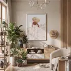 Kum Rengi Şapkalı Figür Beyaz Ahşap Çerçeveli Tablo Aksesuarları Modern Sanat İç Mekan