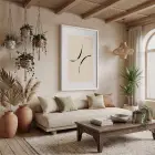 Bej Minimal Akışkan Çizgiler Beyaz Ahşap Çerçeveli Tablo Salon Oturma Odası Duvar Dekoru