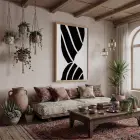 Monokrom Şerit Akışı Doğal Ahşap Çerçeveli Tablo Oturma Odası Duvar Dekoru Poster Obje