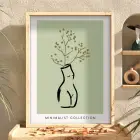 Zeytin Yeşili Minimal Silüet Doğal Ahşap Çerçeveli Tablo Ev Aksesuarları Modern Sanat İç