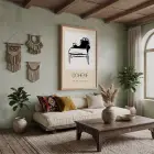 Bohem Koltuk Çizimi Doğal Ahşap Çerçeveli Tablo Görünümlü Salon Oturma Odası Duvar Dekoru
